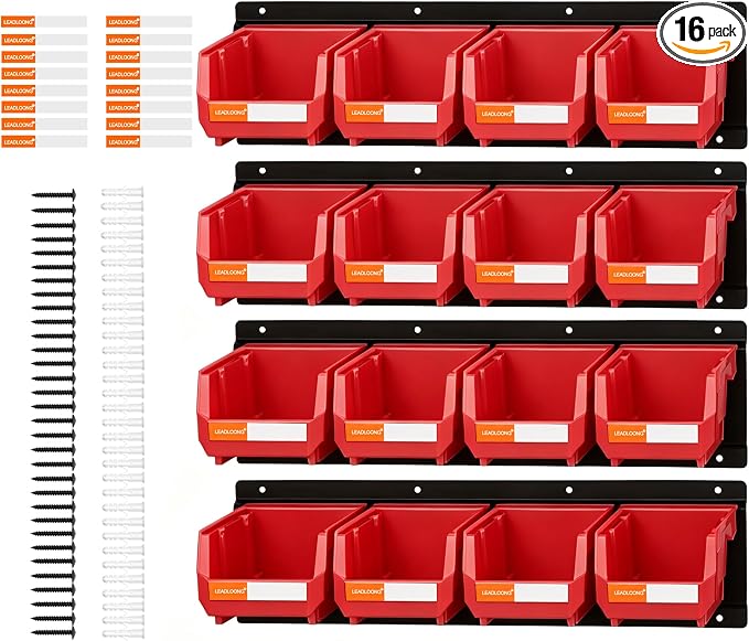 16pc Wall-Mounted Storage Organizer Set with Metal Rails Red | Heavy duty tool organization box with metal rails. Ext 5"x4"x3" for garage screws nuts bolts.