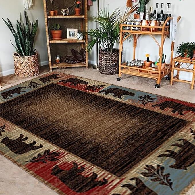 Wildlife Patchwork Pattern Rug for Hallway Vintage Cabin Bear Area Rug for Couch Non-Slip Colorful Tree Print Floor Carpet Mat 2'x3'