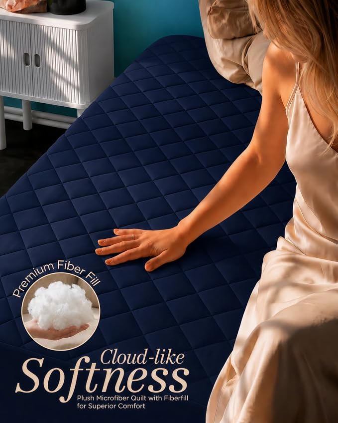 Quilted Fitted Mattress Pad, Full Mattress Protector Topper with Deep Pocket Stretches up to 16 Inches, Machine Washable Mattress Cover by Utopia Bedding (Navy)