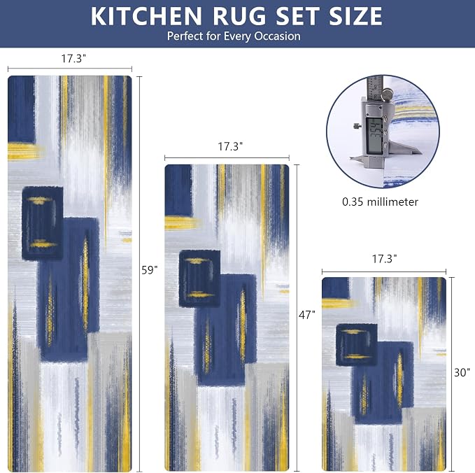 XLHOMO Kitchen Rugs Sets of 3, Non Slip Washable Kitchen Mats for Floor, Anti-Fatigue Runner Rug with Rubber Backing, Waterproof Kitchen Rug Set for Laundry, Floor, Office, Hallway