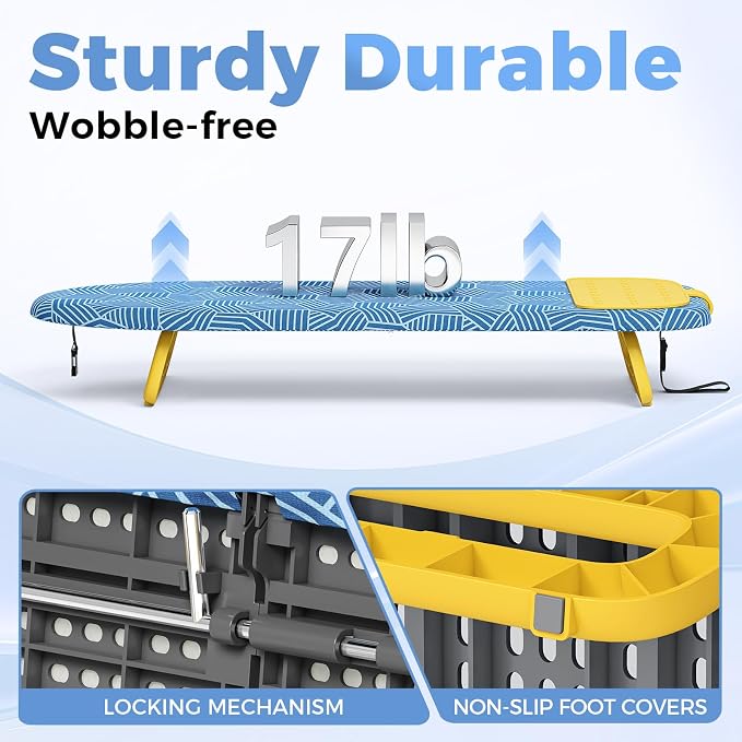 KINGBOARD Tabletop Ironing Board, Small Ironing Board with Iron Mat, Foldable Mini Iron Board, Easy Storage for Travel & Dorm, 12x32 Blue & Yellow
