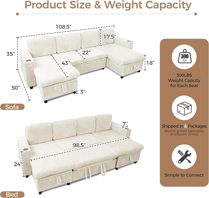 U-Shaped Couch with Pull Out Bed, Sectional Sleeper Sofa, White | Hidden Storage, USB & Type-C Port, Cup Holders, Cloud Corduroy, Modular Design for Living Room, Apartment, Easy Assembly