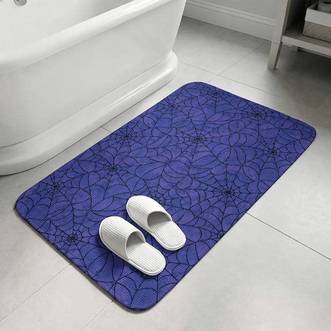 Entryway Rug Indoor Outdoor 31.5"x47.2", Navy Blue Halloween Absorbent Non Slip Floor Mat, Black Spiders Net Classic Gingham Low-Profile Welcome Mats for Front Door Patio Mudroom Garage Entrance