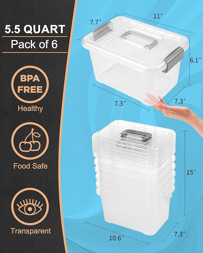 EOENVIVS Plastic Storage Bins 7 Quart-Storage Organizer Bins with Grey Buckle Lids, Stackable Storage Bins with Lids for Home Office Kids Room Closet School Art Supplies Organization,6 Packs, Clear