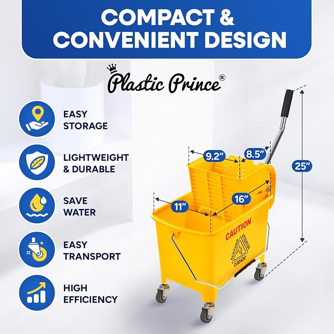 PLASTIC PRINCE Small Mop Bucket with Wringer on Wheels 5 Gallon, Heavy Duty Dual Chamber Mini Mop Bucket Separate Dirty Water, Perfect for Household, 20 Quart Yellow