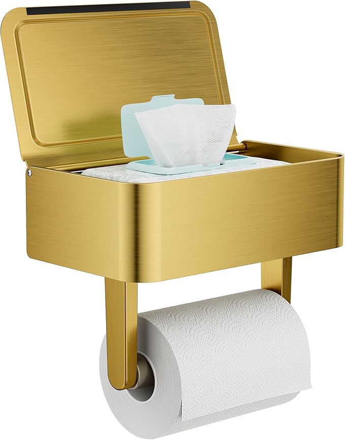Toilet Paper Holder with Shelf, Wipes Holder for Bathroom, Flushable Wipes Dispenser, Stainless Steel Toilet Paper Roll Holder with Storage for Wet Wipes Wall Mounted (Gold, Regular Roll)