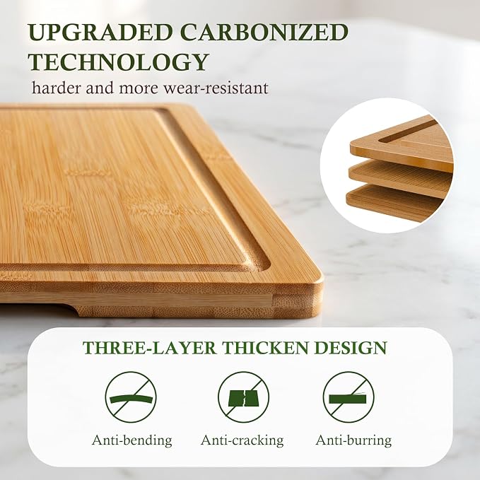 Bamboo Cutting Boards for Kitchen, 3 Piece Extra Thick Cutting Board Set with Juice Groove, Deep Carbonized Bamboo Chopping Board, Reversible Wood Cutting Board for Meat, Charcuterie & Serving