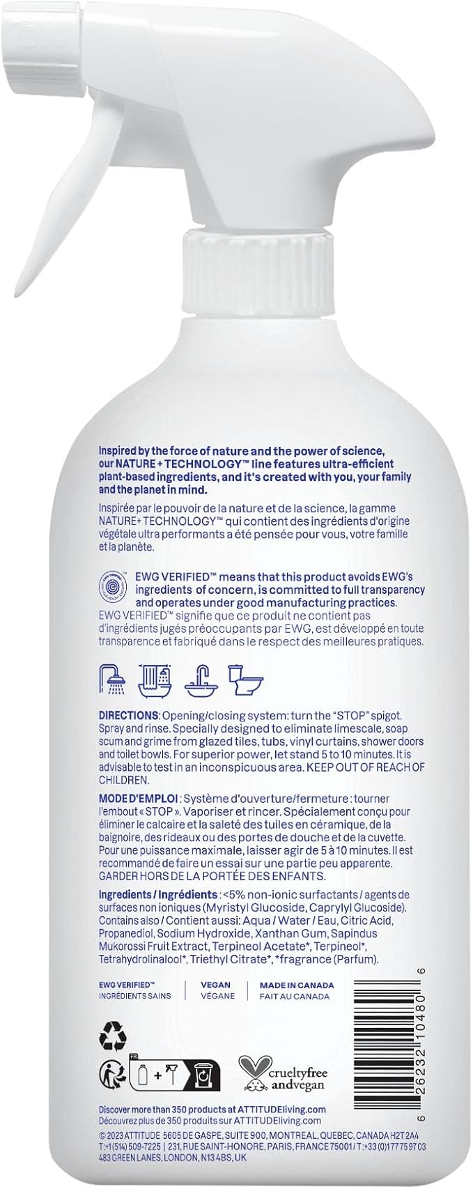 ATTITUDE Bathroom Cleaner Spray, EWG Verified, Plant-Based & Vegan, Safe for Bathroom Surfaces, Tiles, Tubs, Shower Walls, and Grout, Citrus Zest Scent, 27.1 Fl Oz (Pack of 6)