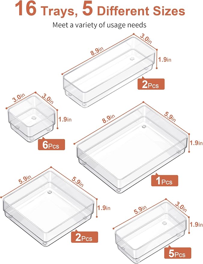 SMARTAKE 16-Piece Drawer Organizer with Non-Slip Silicone Pads, 5-Size Desk Storage Tray for Makeup, Jewelries, Utensils in Bedroom Dresser, Office and Kitchen, Clear