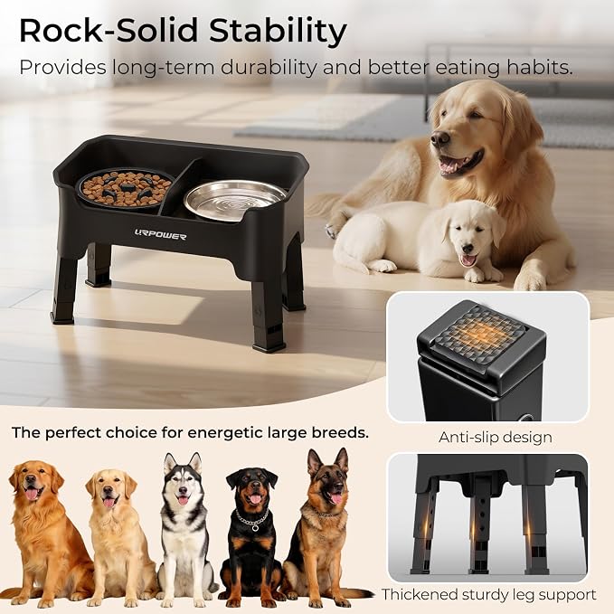 URPOWER Mess Proof Elevated Dog Bowls, Slow Feeder with Splash Guard | No Spill Water Bowl, Slow Feeder Dog Bowls, Non-Slip Food and Water Bowl Set for Small, Medium & Large Dogs