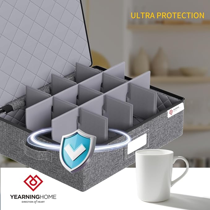 Cup and Mug Storage Boxes with Dividers,Hard Shell Coffee Mug Organizer with Lid,Handles,Zips and Label Window for Coffee Mugs,Tea Cups,Packing and Moving,Hold 12,1 Pack, Grey