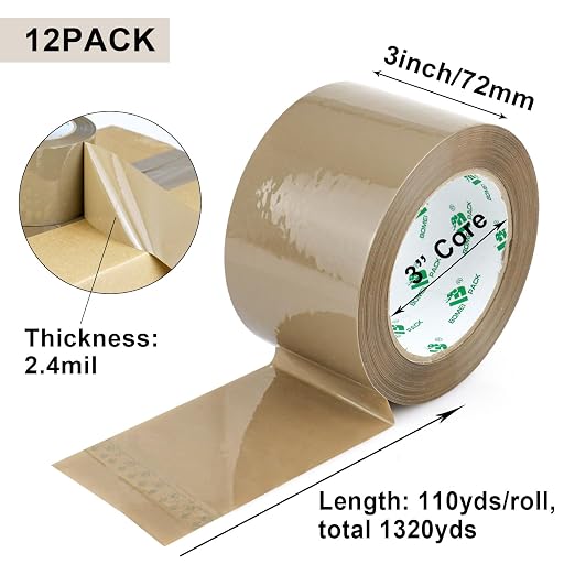 BOMEI PACK 3inch Brown Packing Tape, 12 Refills Rolls Wide Packaging Tape for Moving, Shipping and Storage, 2.4 Mil x 110 Yards