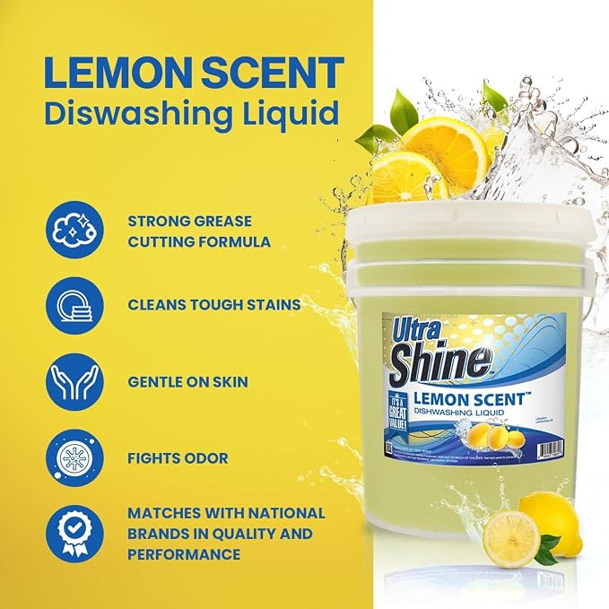 Ultra Shine ™ 5 Gallon 2X Platinum ™ Dish Cleaning Liquid, Lemon Scent, Yellow - Powerful Grease Remover Dishwashing Soap