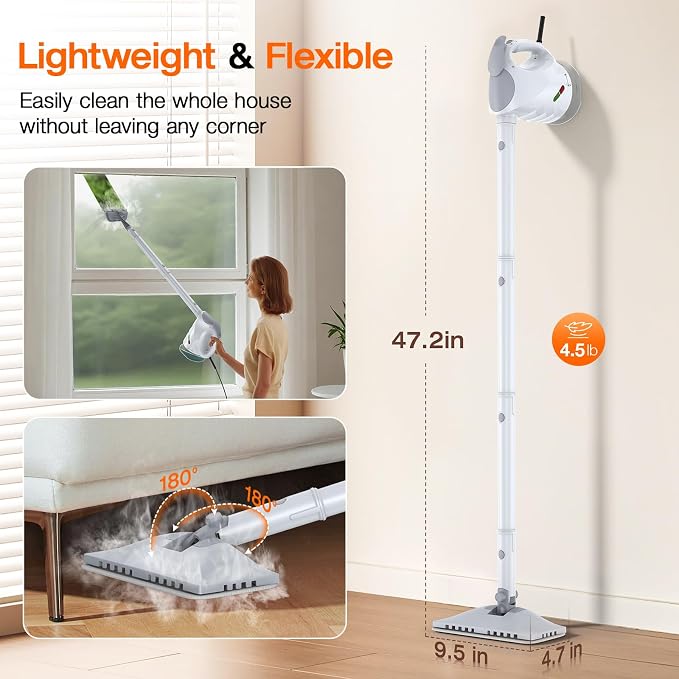ScrubWiz Handheld Steam Cleaner, 10-in1 Steam Mop with Detachable Steamer, 320ml Water Tank, 10s Fast Heating, Portable Steamer for Cleaning Kitchen, Floor, Tiles, Window, BBQ Grill, Car, White