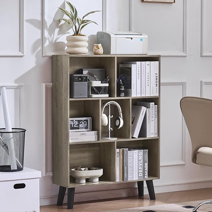 LEYAOYAO Cube Bookshelf, Mid-Century Modern Book Shelf with Legs,Retro Grey | 3 Tier Bookcase, Rustic Wood Bookshelves Freestanding Small Storage Organizer, Open Shelves for Bedroom, Living Room, Office