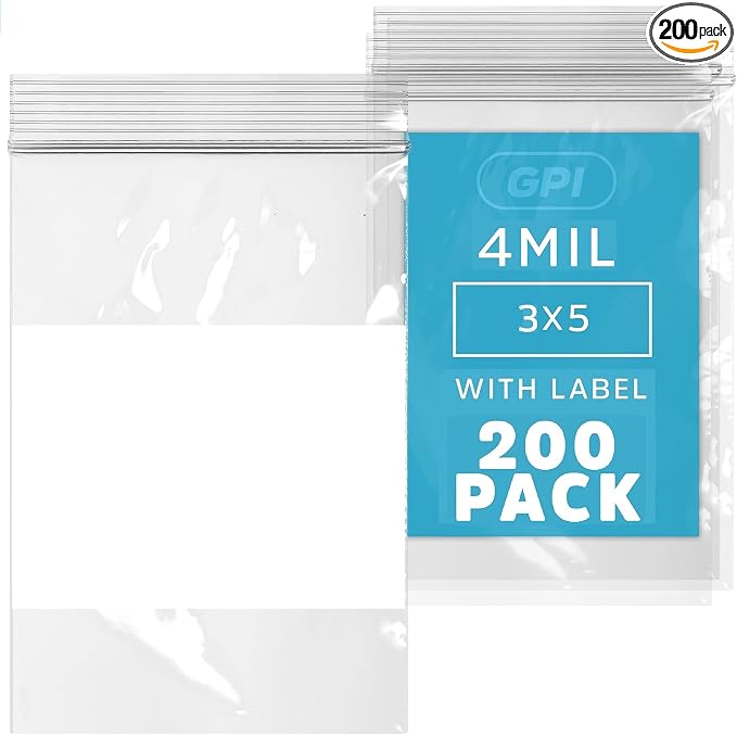 GPI - 3" x 5" - Bulk Pack of 200, 4 Mil Thick, Heavy Duty, Clear Plastic Reclosable Zip Bags, With Write-on White Block for Labeling, Strong & Durable Poly Baggies With Resealable Zipper Top Lock.