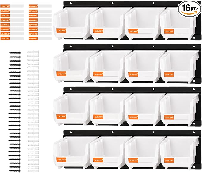 16pc Wall-Mounted Storage Organizer Set with Metal Rails White | Heavy duty tool organization box with metal rails. Ext 5"x4"x3" for garage screws nuts bolts.