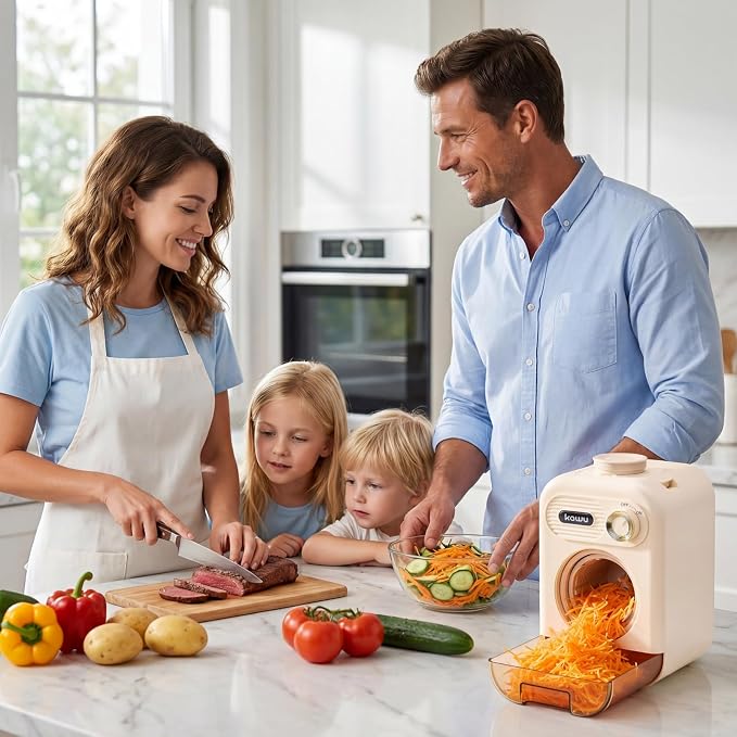 Kawu Electric Cheese Grater, 5-in-1 Salad Maker With Container, 10 Blades | Electric Vegetable Slicer For Home Kitchen, One-Touch Control, Food Processor Chopper Shredder for Block Cheese, Fruits