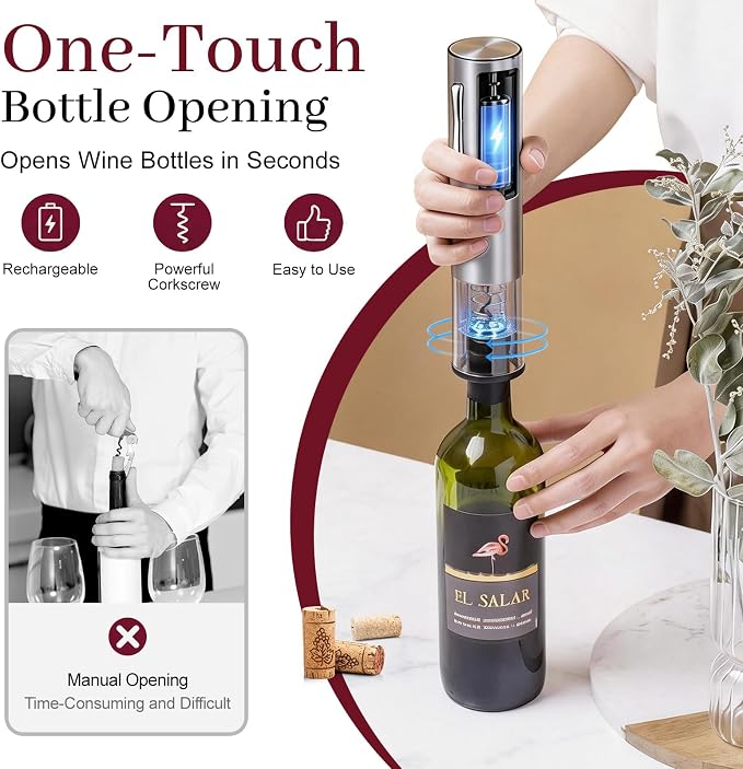 7-in-1 Electric Wine Opener & Aerator Set, Rechargeable Automatic Corkscrew, Wine Aerator, Vacuum Stoppers, Dispenser, Foil Cutter, Gift for Wine Lovers, Housewarming, Birthday, Wedding or Anniversary