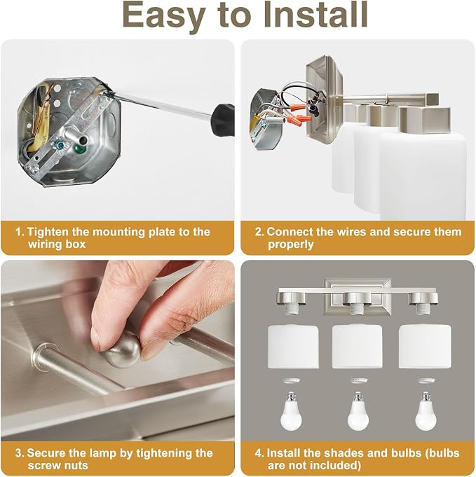 EJIAXIN 3-Light Bathroom Light Fixtures - Brushed Nickel Bathroom Vanity Lights with Glass Shade Modern Bathroom Lighting Fixtures Over Mirror - Wall Sconce Lamps for Bedroom,Living Room,Hallway