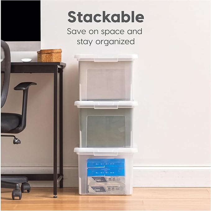 IRIS USA File Box, Plastic File Organizer with Lids for Letter/Legal File, Portable Document Box For Moving, Storage Bin with Durable and Secure Lid, Stackable Nestable BPA-Free, Clear 35 Qt. 8 Pack