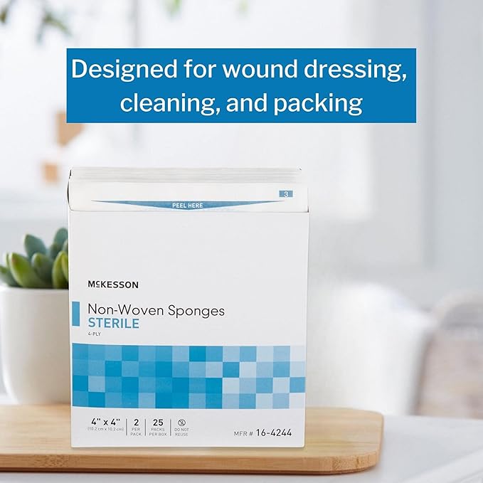 McKesson Non-Woven Sponges, Sterile, 4-Ply, Polyester/Rayon, 4 in x 4 in, 2 per Pack, 600 Packs, 1200 Total