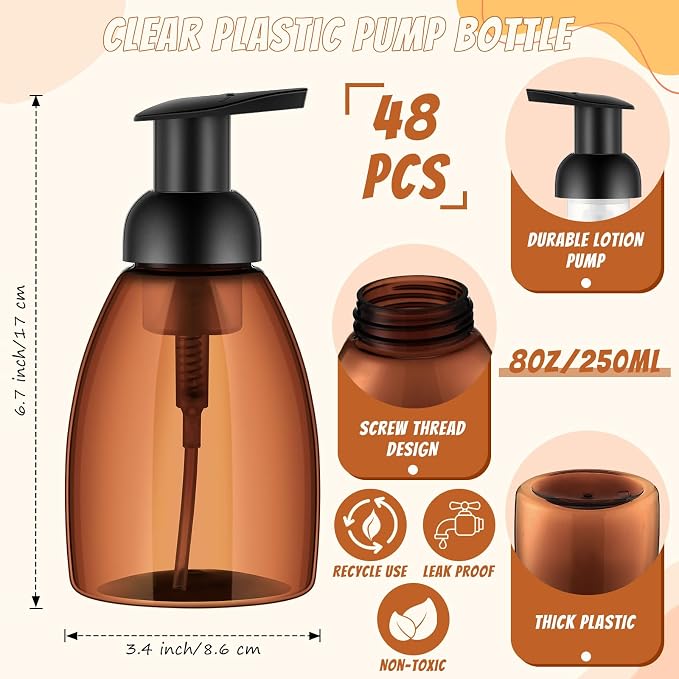 Nuenen 48 Pieces 8oz Foaming Soap Dispenser Refillable Foaming Pump Bottles Bulk Travel Hand Soap Dispenser Plastic Press Bottles Empty Containers for Shampoo Bathroom Commercial(Amber)