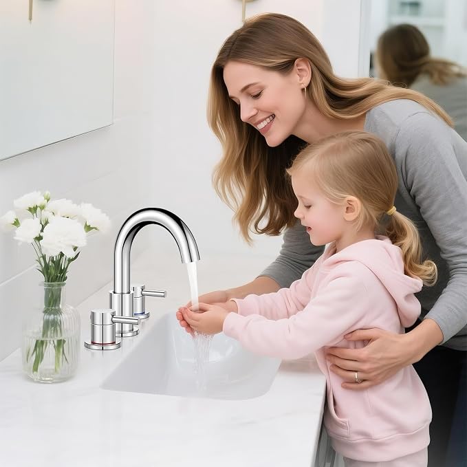 Bathroom Faucet 3 Hole, Chrome Bathroom Sink Faucet with Pop Up Drain, 8 inch Widespread Bathroom Faucet with 360° Swivel Spout, 2 Handle Vanity Faucet with Water Supply Hoses