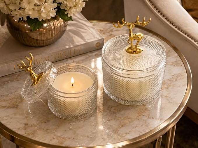 Glass Sugar Bowl Set of 2 with Gold Metal Deer Lid Handle | Diamond-Cut Texture, Small & Large Sizes, Clear Glass Body, Lidded Storage Jars, Decorative Deer Figurine