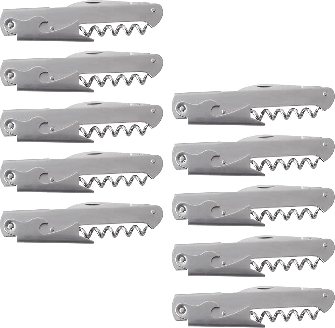 10 Valencia Stainless Steel Wine Bottle Openers Set - Corkscrew, Serrated knife, Perfect for Bars - Silver