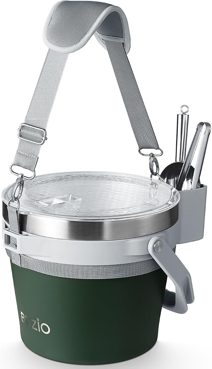 BUZIO 7 L Ice Bucket with Lid Scoop & Tongs & Adjustable Shoulder Strap | 7.4 Qt/7 L Insulated Stainless Steel Large Beverage Bucket with Handle (Doulble Wall), for Parties, Cocktail Bar Champagne