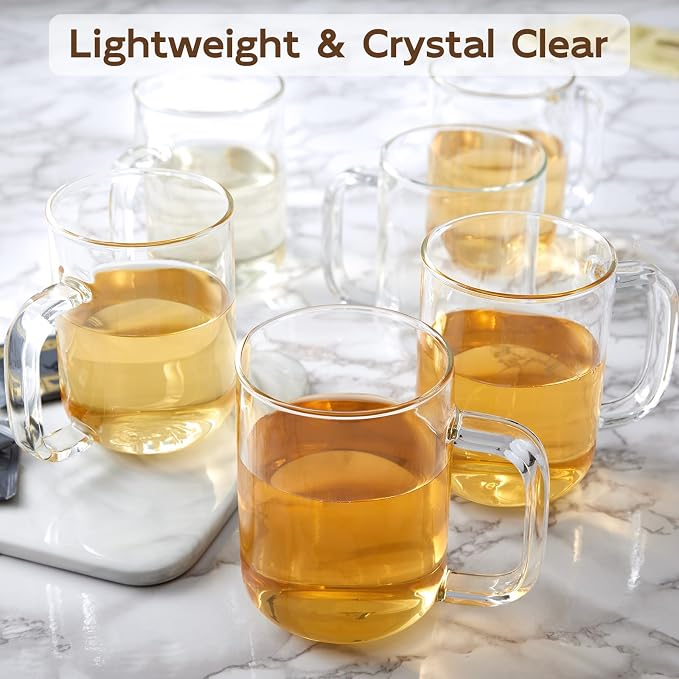 Glass Coffee Mugs, 20 oz Ice Coffee Cups Set of 6, Large Clear Tea Cups, Glass Mugs with Handles for Hot Beverages, Glass Cups for Latte, Cappuccino, and Tea