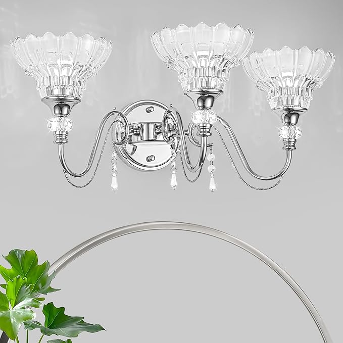 Brushed Chrome Bathroom Vanity Light, 3-Light Chrome Finish Wall Sconce with Hanging Crystal Accents and Flower-Shaped Clear Glass Shades, Modern Wall Mount Vanity Light Over Mirror for Bathroom