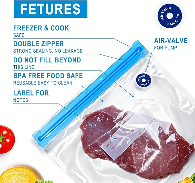 MEGAWISE Reusable Sous Vide Bags 58Pcs BPA-Free, 1.4L Vacuum Sealer Bags for Cooking & Microwave, 50 Zipper Bags, 3 Seal Clips ＆ 5 Cooking Clips, Heat-Resistant & Leakproof (8.5x8.5in)