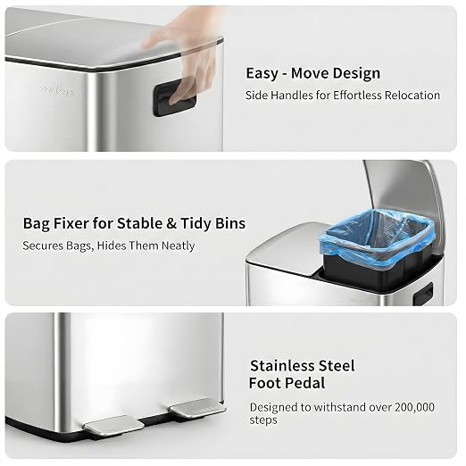 mVm Dual Compartment Trash Can, 10.6 Gal (2x5.3 Gal) Dual Compartment Kitchen Trash Can with Double Layer Lids, Wide Type Modern Kitchen Decor Office Garbage Can(Silver)