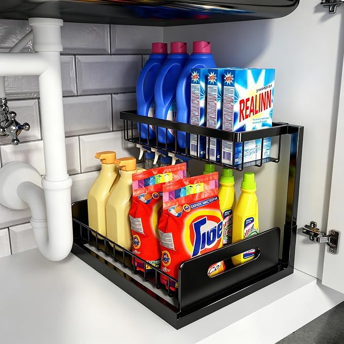REALINN Under Sink Organizer, Pull Out Cabinet Organizer, 2 Tier Metal Slide Out Shelf with L Shaped Design for Kitchen, Bathroom, Laundry, and Utility Cabinet Storage for Deep Cabinets, Black, 1 Pack