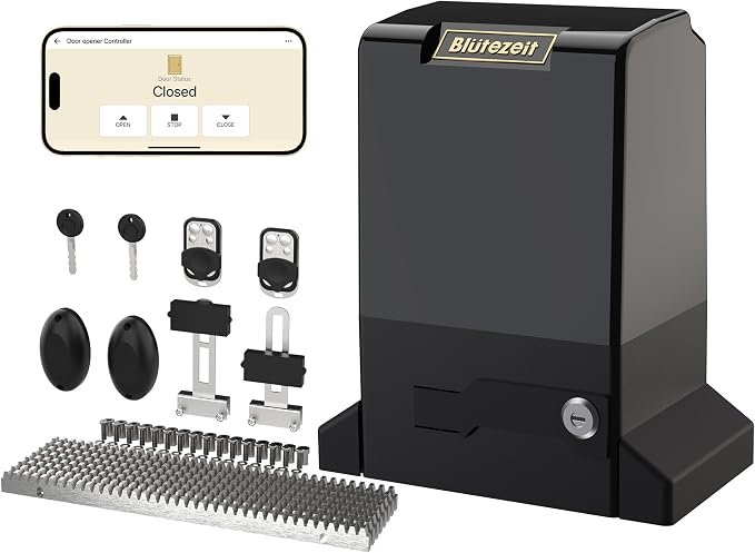 Blütezeit 220V Sliding Gate Opener 6300lb Heavy Duty (AC 220~240V), WiFi Control Slide Gate Motor 2.05HP Rack Driven with 2 Remote Controls & IR Sensor Complete Kits for Driveway Gates Up to 40ft