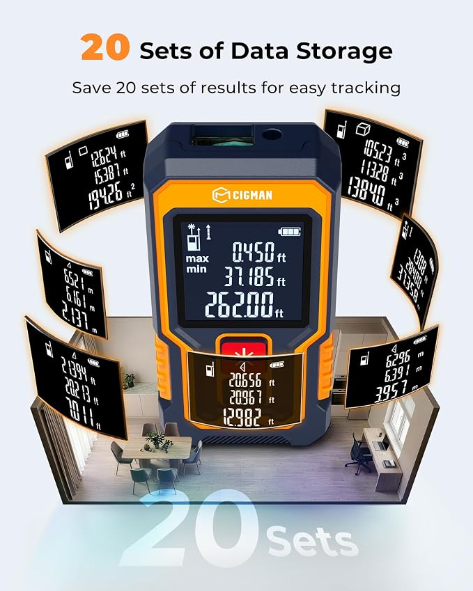 Laser Measuring Tool 262Ft, CIGMAN Pocket-Size Digital Laser Tape Measure, Mini Rechargeable Laser Measure with High Accuracy, 4 Units Ft/Ft+in/in/M, Backlit LCD, Length/Area/Volume/Pythagorean Mode