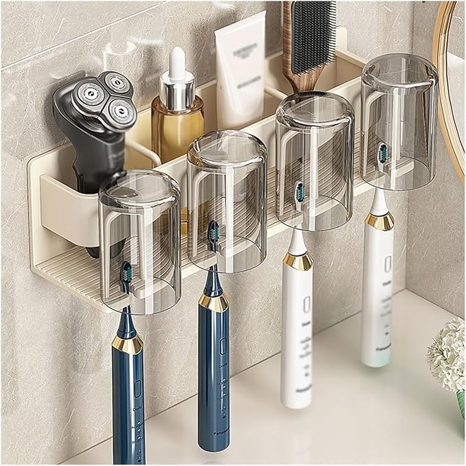 Toothbrush Rack Space Aluminum Toothbrush Holder Cream White Toothpaste Holder Bathroom Accessories Storage Box with Four Mouthwash Cups Bathroom Toothbrush Holder