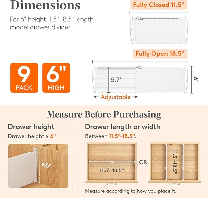 Lifewit 6" Tall 9 Pack Drawer Dividers, 11.5"-18.5" Adjustable Deep Drawer Organizer Clothes, Expandable White Plastic Separators for Dresser, Kitchen, Cabinet, Closet, Office Organization & Storage