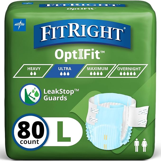 FitRight Ultra Heavy Absorbency Adult Diapers for Men & Women, Waist Size: Large 44-56 inches, OptiFit Incontinence Disposable Briefs with Leak Protection for Seniors, 80 Count