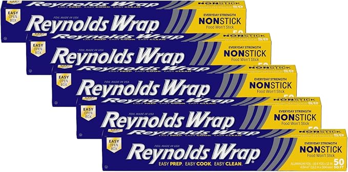 Reynolds Wrap Non-Stick Aluminum Foil, Heavy Duty Kitchen Foil for Easy Prep, Cooking, Baking and Cleanup, Food Storage and Grill Use, 50 Square Foot (Pack of 5)