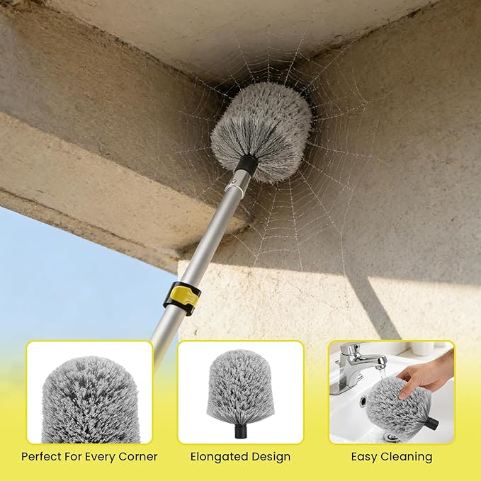 26FT High Reach Cobweb Duster with Extension Pole, Spider Web Brush for Cleaning with 5-20FT Telescopic Pole, 8" Larger Extendable Duster for High Indoor & Outdoor Webs