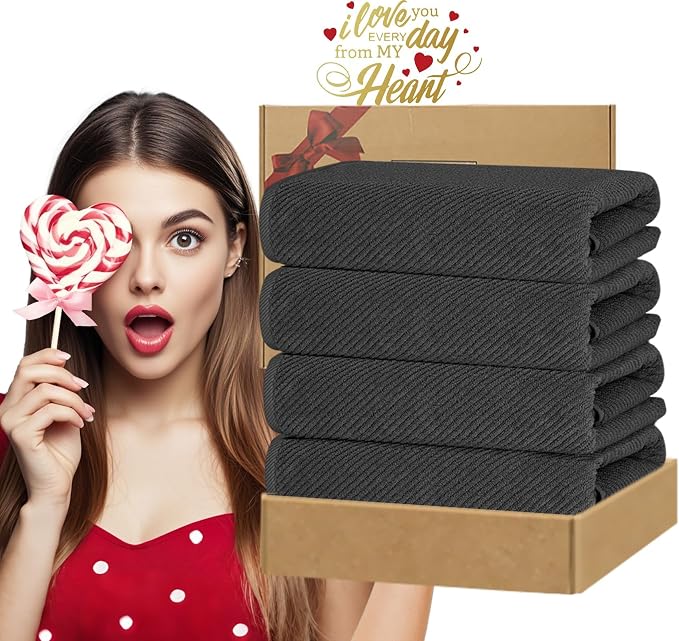 VOOVA & MOVAS Bath Towels 4PC, 100% Cotton, 30x56 in, Dark Gray | Quick Dry, Thick, Soft, Absorbent, Luxury Hotel Shower Towel, Bath Towel Gift Set