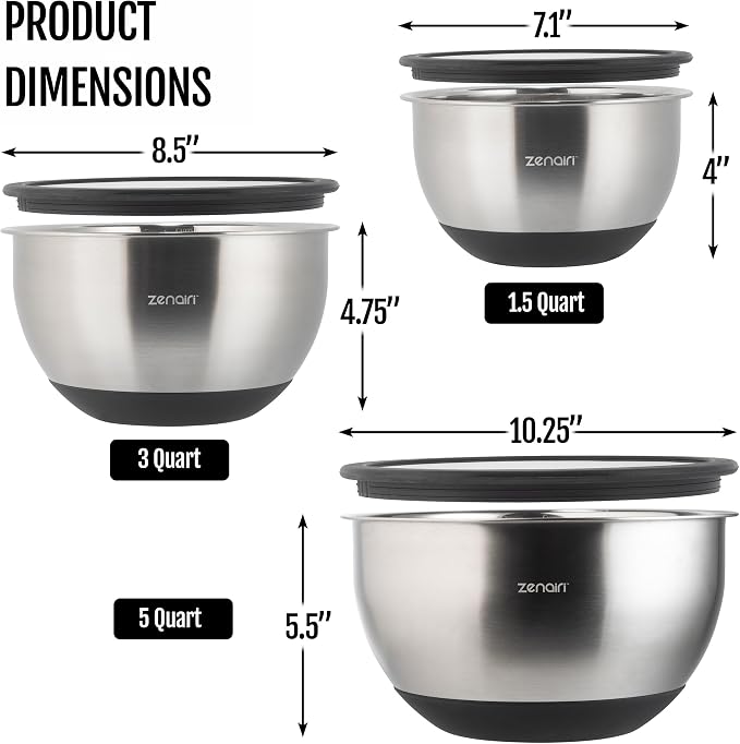 Premium Quality Stainless Steel Mixing Bowls with Lids, 3-Piece Set, Dishwasher-Safe Clear Glass Lids, No Plastics
