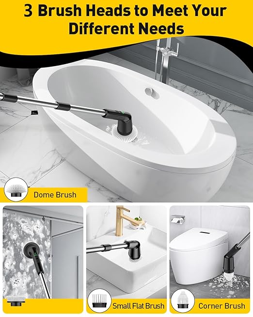 Electric Spin Scrubber for Cleaning Bathroom, Shower Scrubber Rotary Floor Brushes with IPX7 Waterproof & 2 Speed, 3 Brush Heads, Bathroom Cleaning Supplies for Toilet Shower Tub Sooty