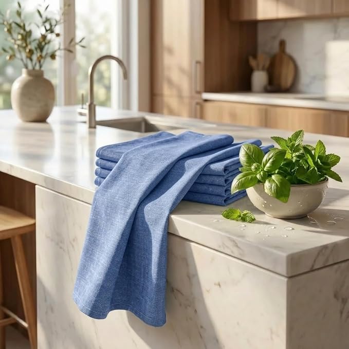 Urban Villa Kitchen Towels 100% Cotton Dish Towels for Kitchen(Set of 8) 20”x30” Dish Cloths Absorbent Kitchen Linen Set with Hanging Loop Perfect for Drying Dishes Cleaning Hand Towels – Blue White