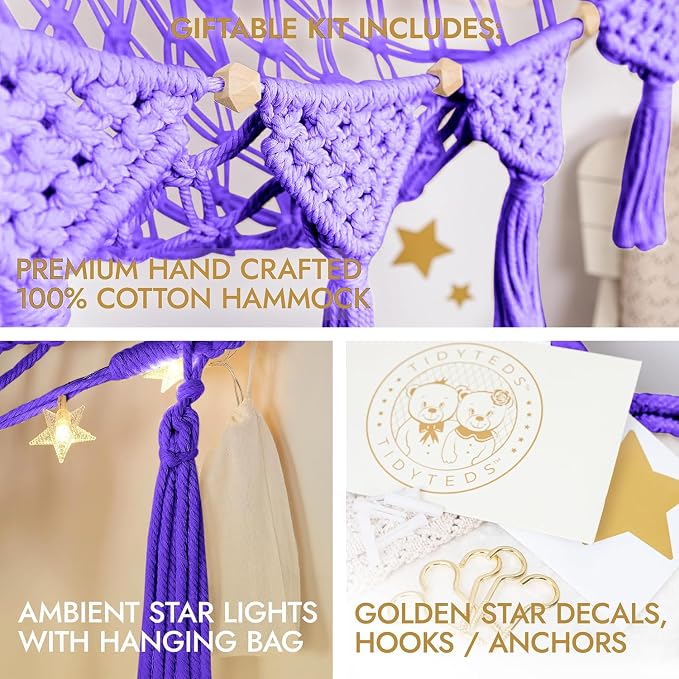 TIDYTEDS Macrame DreamLights Boho Stuffed Animal Storage Net Hammock Extra Large Plush Toy Storage Holder For Small Or Large Plushies PURPLE (Purple)