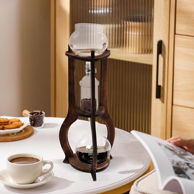 Iced Coffee Cold Brew Drip Tower Coffee Maker with Measuring Spoon, Stainless Steel Filter, Wooden, 6-8 Cup (Brown)
