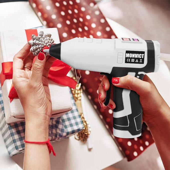 MONVICT Cordless Digital Display Hot Glue Gun with Holder Base | Adjustable Temp,Smart Auto-Off,Silicone Pad,7.4V 2.6Ah Rechargeable Battery, Full Size, Handheld Electric,10 Glue Sticks